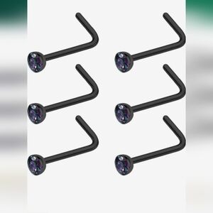 Black Stainless Steel Nose Rings with Black Crystal Accent. 20G